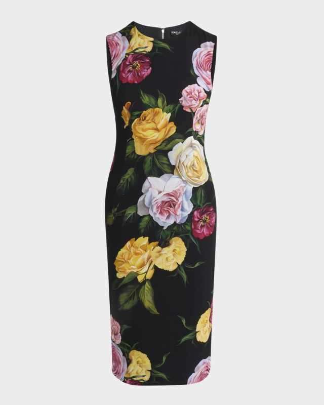 Peony Rose Print Sleeveless Charmeuse Midi Dress